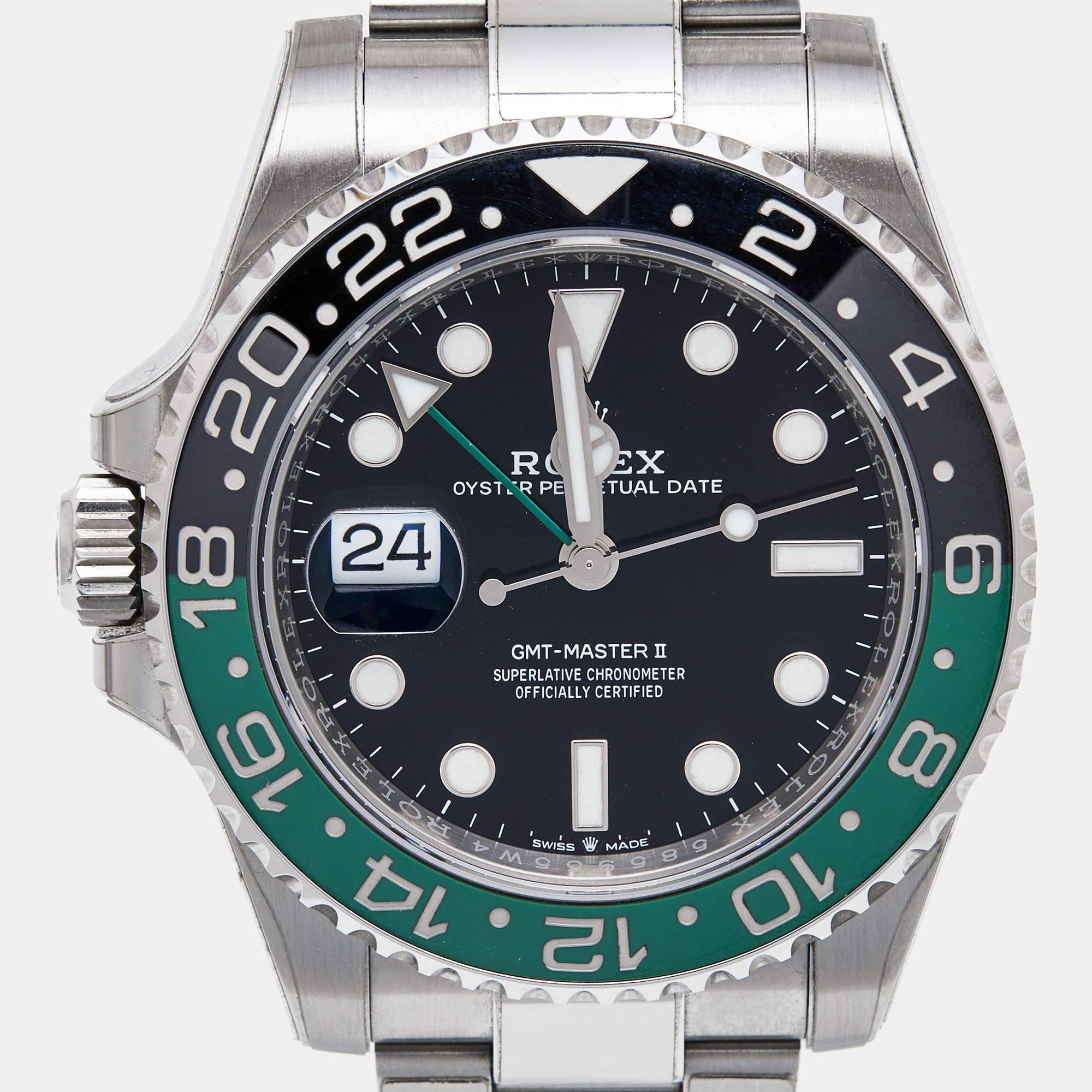 The Rolex GMT-Master II 126720VTNR-0001 is a luxurious men's wristwatch renowned for its sleek and timeless design. Crafted from robust Oystersteel, the watch boasts a striking black dial with luminous markers and hands, offering exceptional