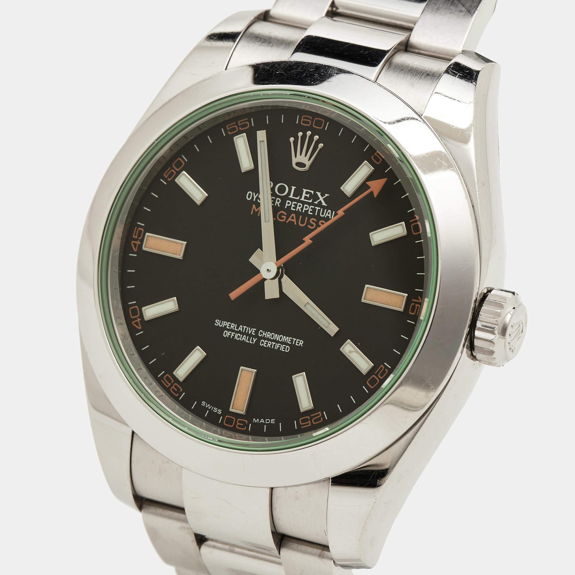 With the unique green sapphire crystal, an orange lightning-bolt-shaped seconds hand, and an overall clean aesthetic, there's no mistaking the Milgauss for anything else. This Rolex watch was first designed in 1956 as a solution for engineers and
