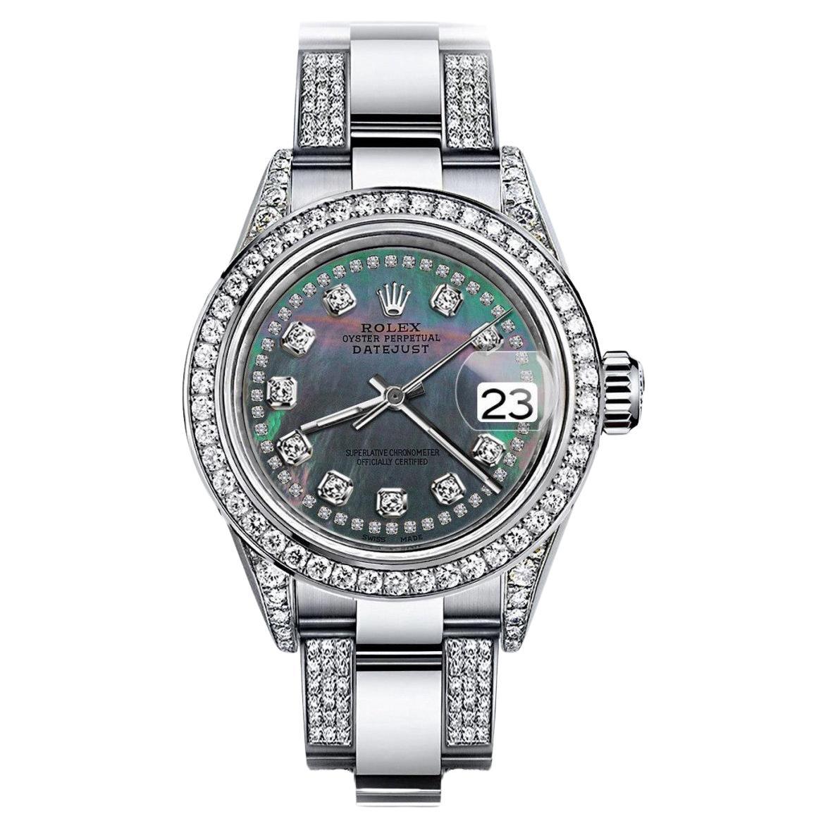 Rolex Black Pearl String Datejust S/S Oyster Perpetual Diamond Side + Bezel For Sale