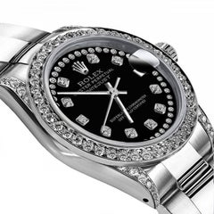 Rolex Black String Datejust Stainless Steel SS Custom Diamonds Bezel & Lugs