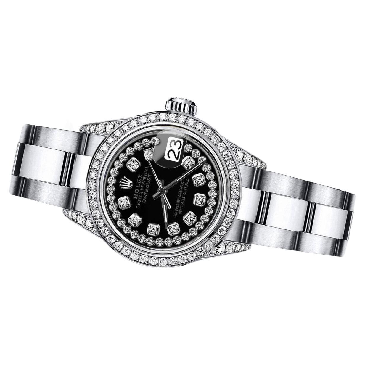 Rolex Schwarzer Schnur Datejust Edelstahl SS Custom Diamanten Lünette & Gepäckstücke  im Angebot