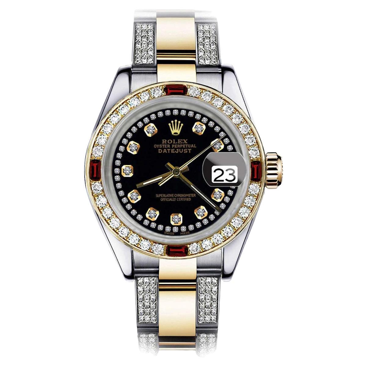 Rolex Black String Datejust Two Tone Side Diamonds + Rubies 68273 For Sale