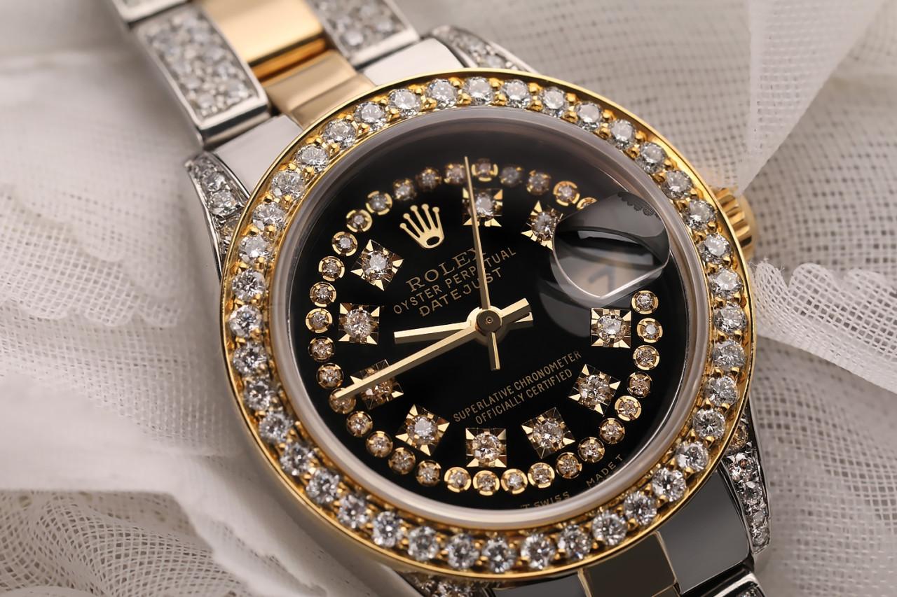 Rolex Black String RT 26 Datejust Two Tone 18K Gold + SS + Side Diamonds Oyster Band + Diamond Bezel 69173

This watch is in like new condition. It has been polished, serviced and has no visible scratches or blemishes. All our watches come with a