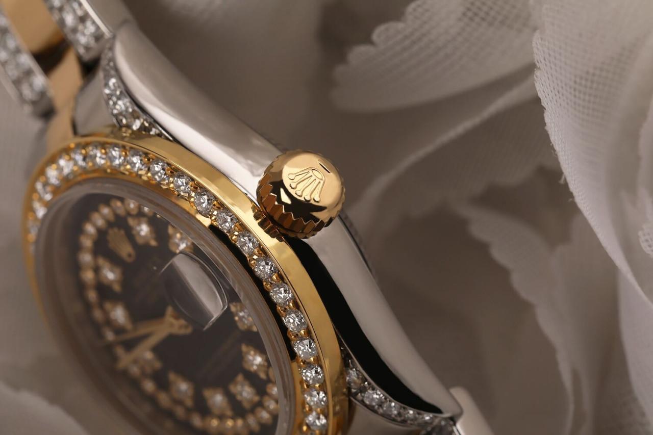 Taille ronde Rolex Montre Datejust Oyster à cordes noires RT 26 en or bicolore 18 carats + diamants latéraux en vente
