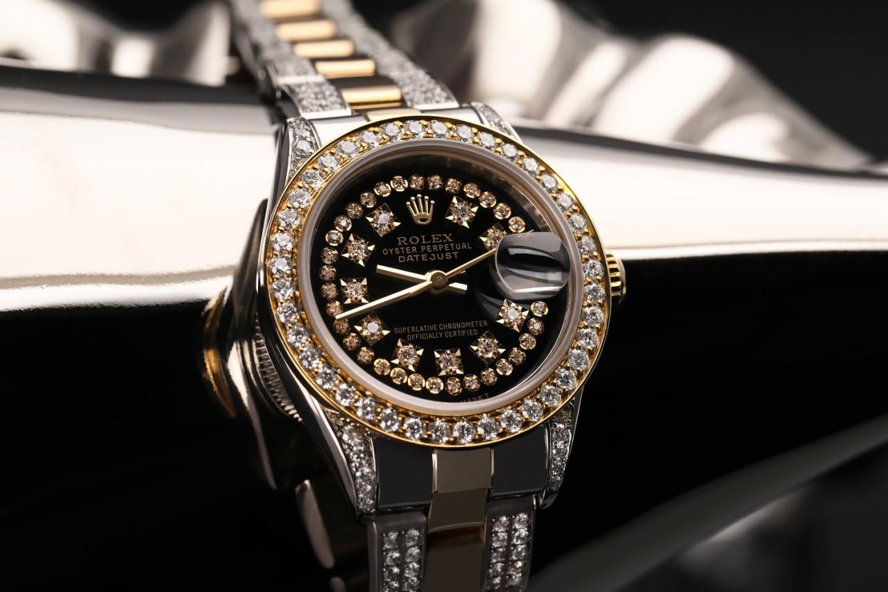 Round Cut Rolex Black String RT 26 Datejust Oyster Two Tone 18K Gold + SS + Side Diamonds For Sale