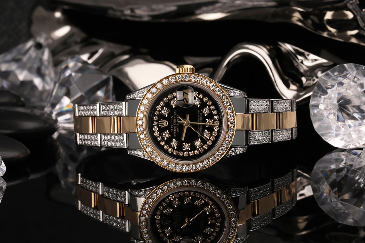 Rolex Montre Datejust Oyster à cordes noires RT 26 en or bicolore 18 carats + diamants latéraux Pour femmes en vente