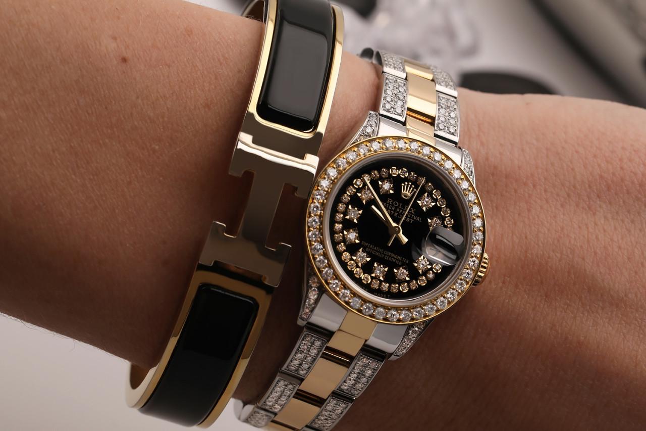 Rolex Black String RT 26 Datejust Oyster Two Tone 18K Gold + SS + Side Diamonds For Sale 3