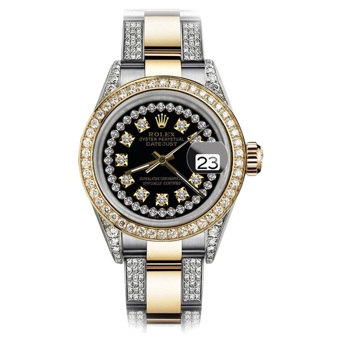 Rolex Montre Datejust Oyster à cordes noires RT 26 en or bicolore 18 carats + diamants latéraux en vente