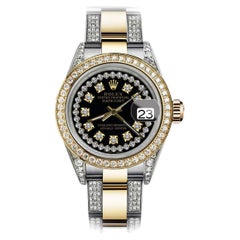 Rolex Montre Datejust Oyster à cordes noires RT 26 en or bicolore 18 carats + diamants latéraux