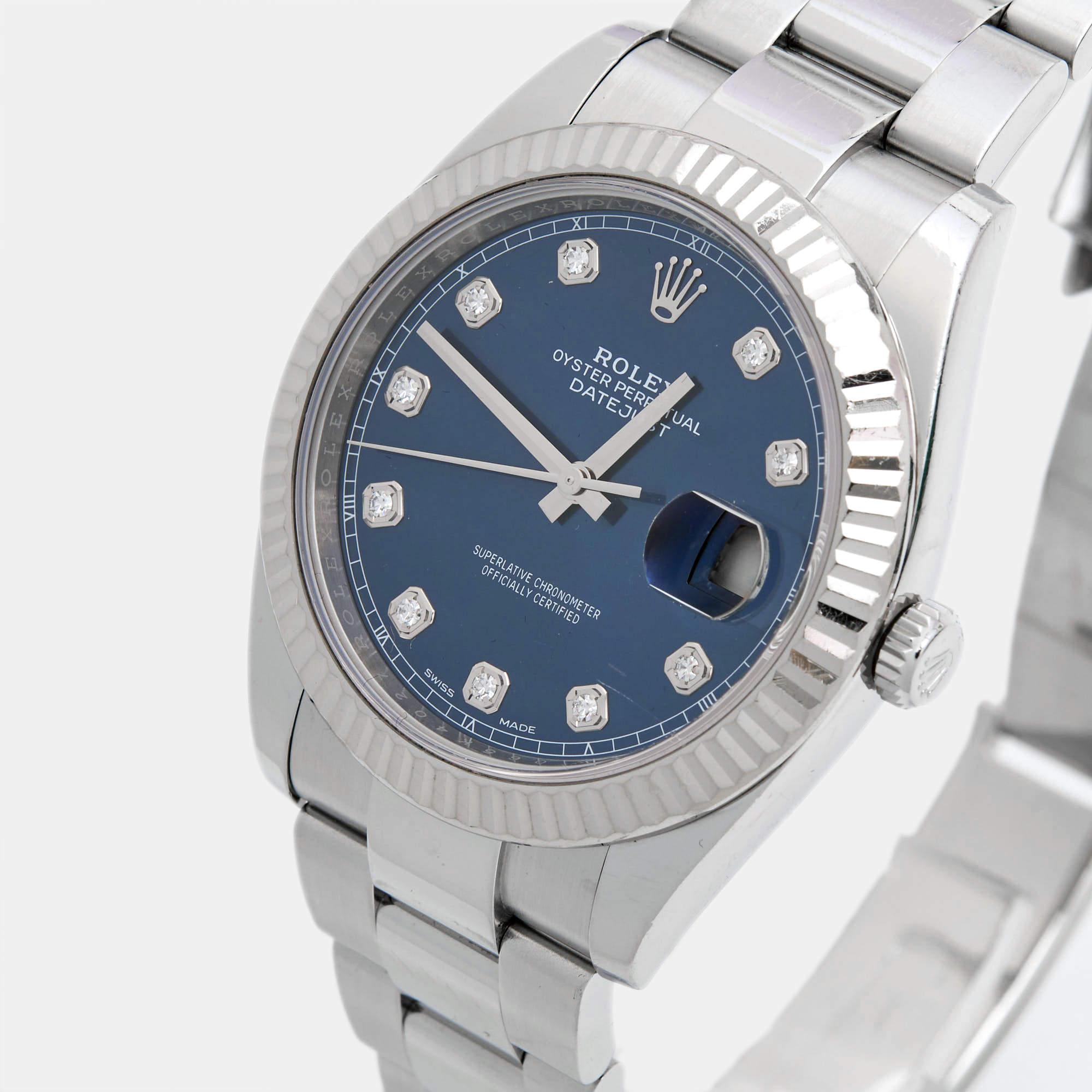 This beautiful Rolex Datejust for men will be a fine investment. Crafted using oystersteel and 18k white gold, the automatic watch features a blue dial set with diamond markers, a date window, and three hands. Iconic, comfortable, and simply classy,