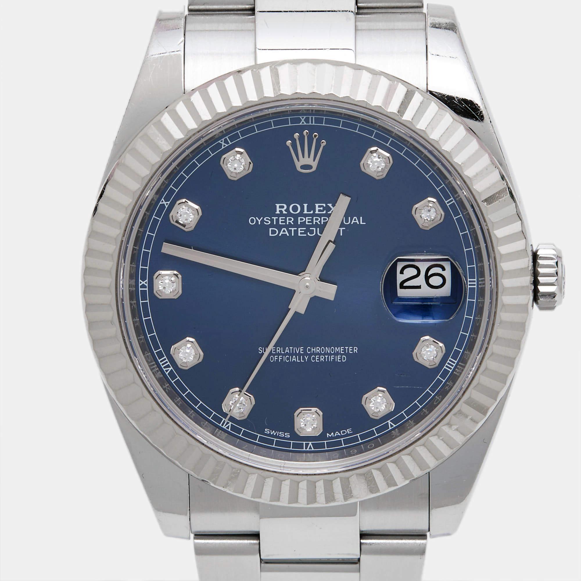 Aesthetic Movement Rolex Blue 18K White Gold Oystersteel Diamond Datejust M126334-0015 41 mm