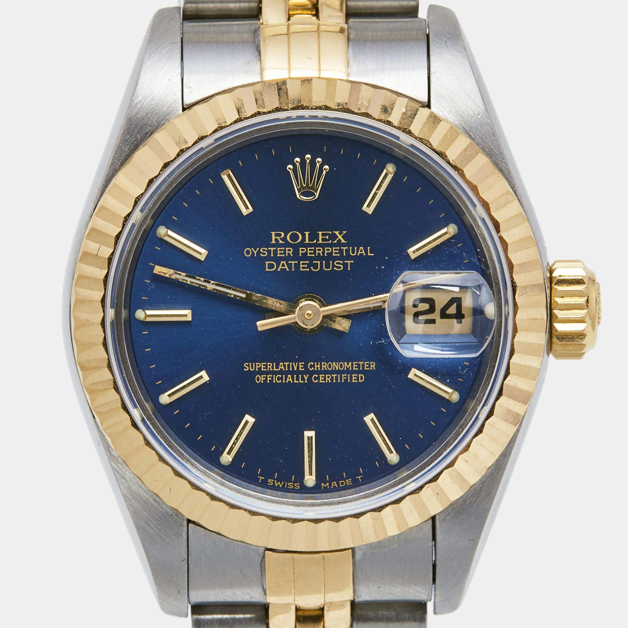 Rolex Blue 18k Yellow Gold Stainless Steel Datejust 69173 Women's Wristwatch 26  3