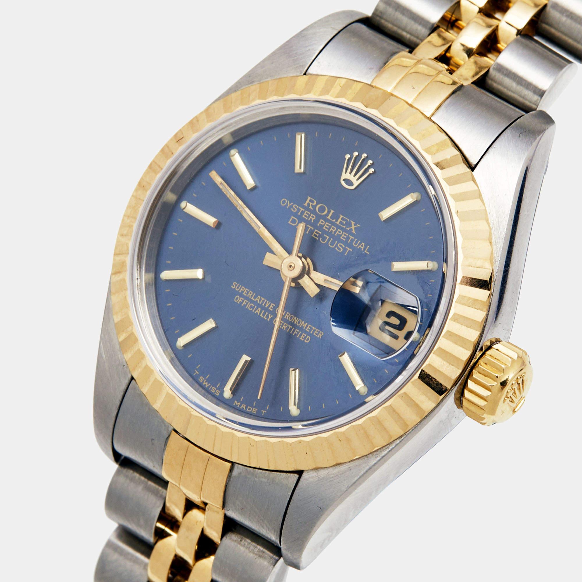Rolex Blue 18k Yellow Gold Stainless Steel Datejust 69173 Women's Wristwatch 26  4