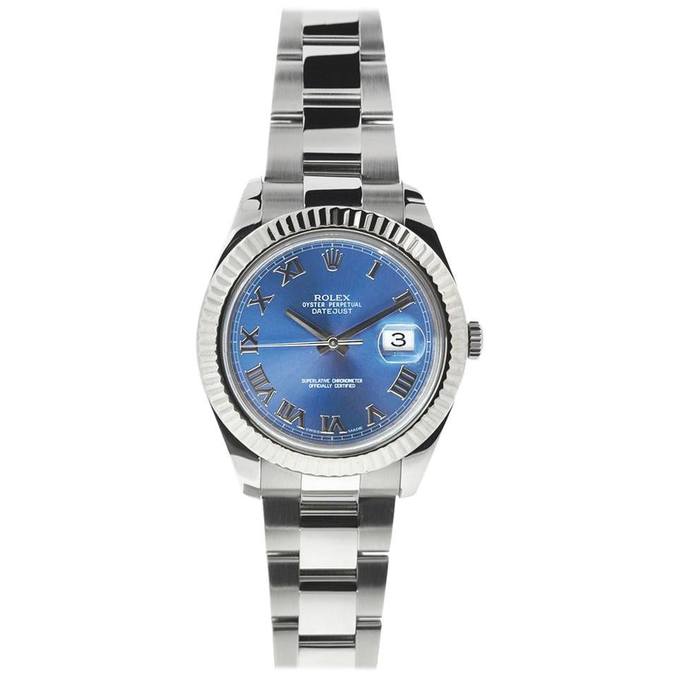 Rolex Blue Roman 116334 Datejust Ii Dial Fluted Bezel Stainless Steel Watch
