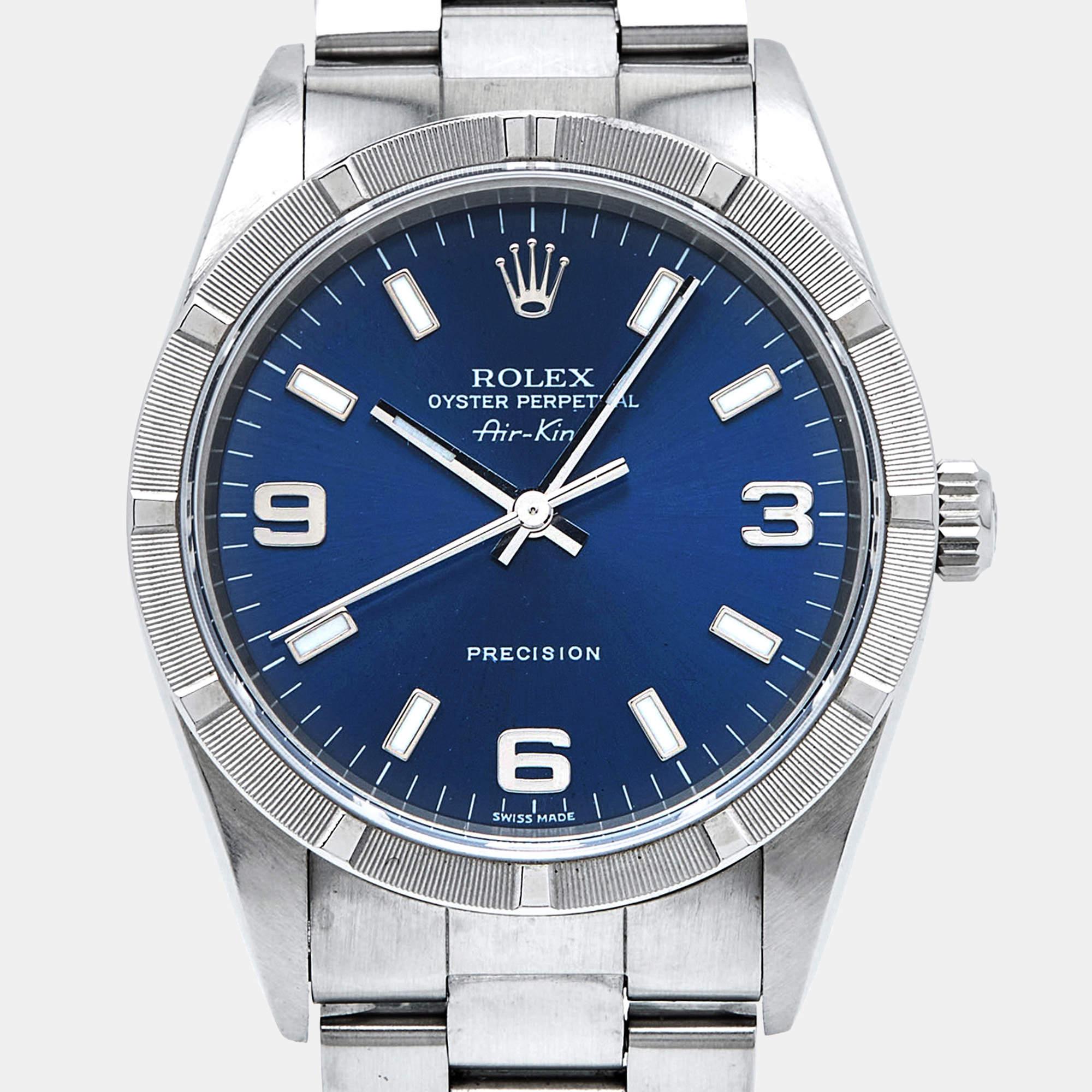 Aesthetic Movement Rolex Blue Stainless Steel Air-King 14010M Men's Wristwatch 34 mm