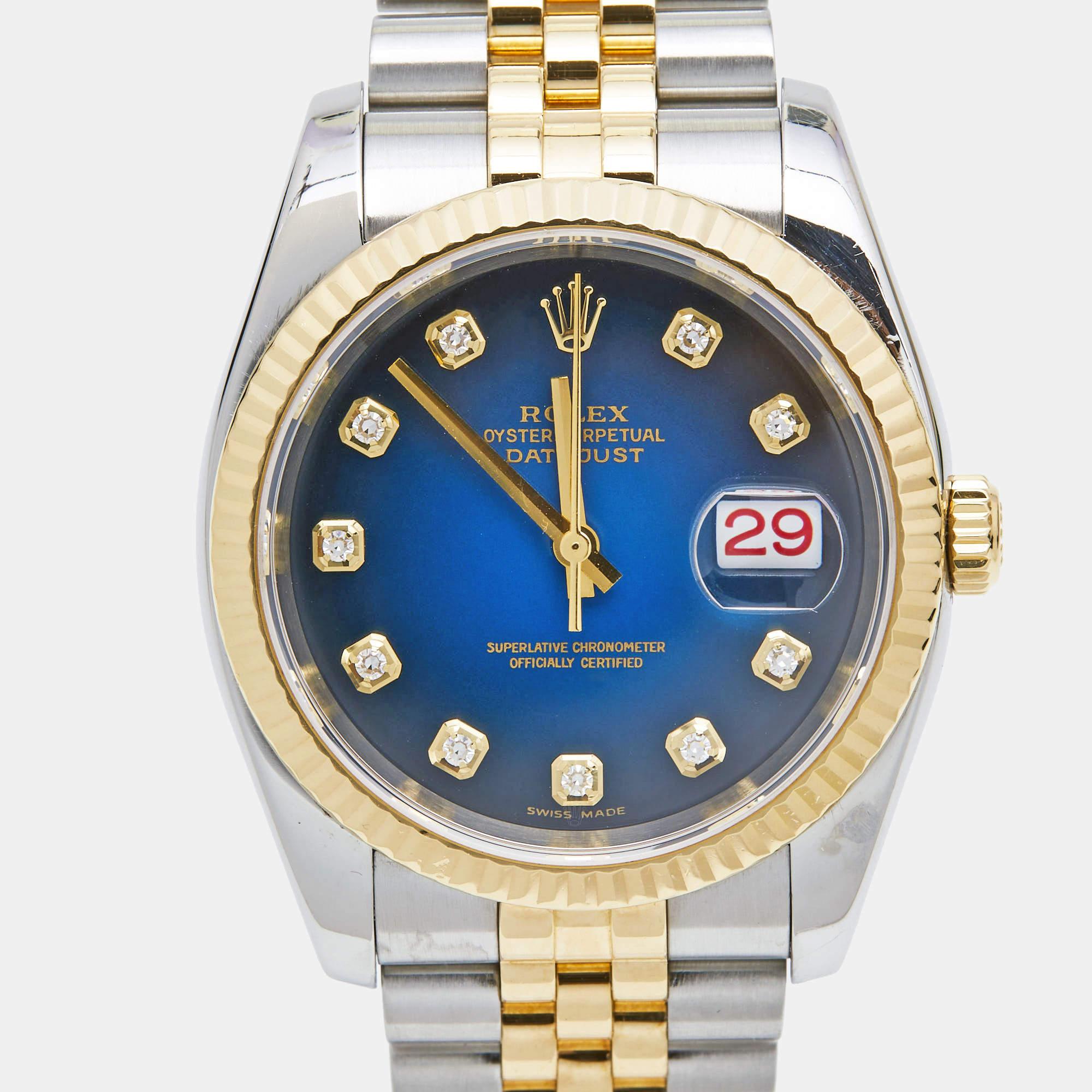 Rolex Blue Vignette 18K Yellow Gold Stainless Steel Diamond Datejust 116233 In Good Condition In Dubai, Al Qouz 2