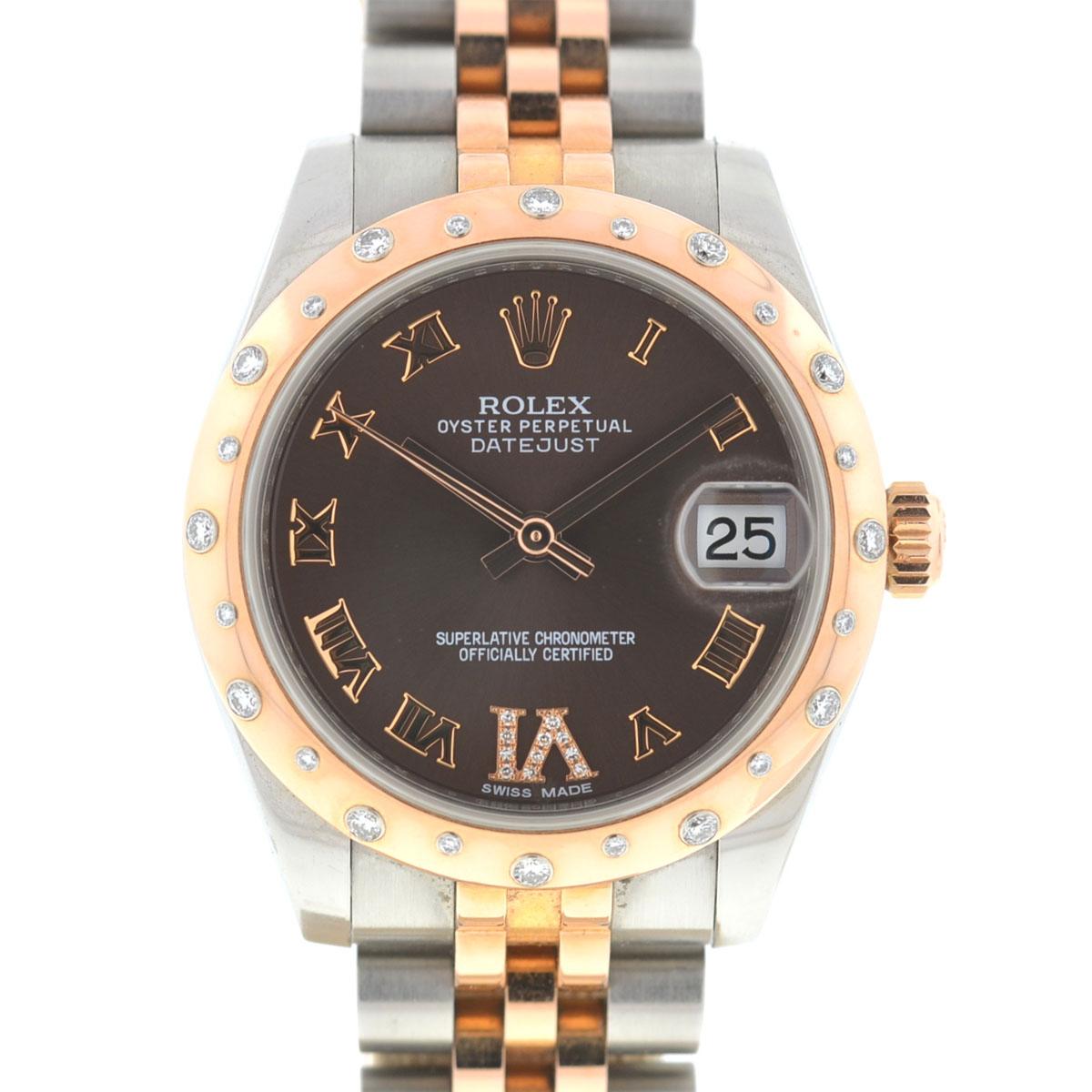 Company - Rolex
Style - Dress/Formal
Model - Datejust 31 
Reference Number - 178341
Case Metal - Stainless Steel
Case Measurement - 31 mm 
Bracelet - 18k Rose Gold & Stainless Steel - Fits a 5 1/2 size wrist
Dial - Chocolate
Bezel - 18k Rose Gold w/