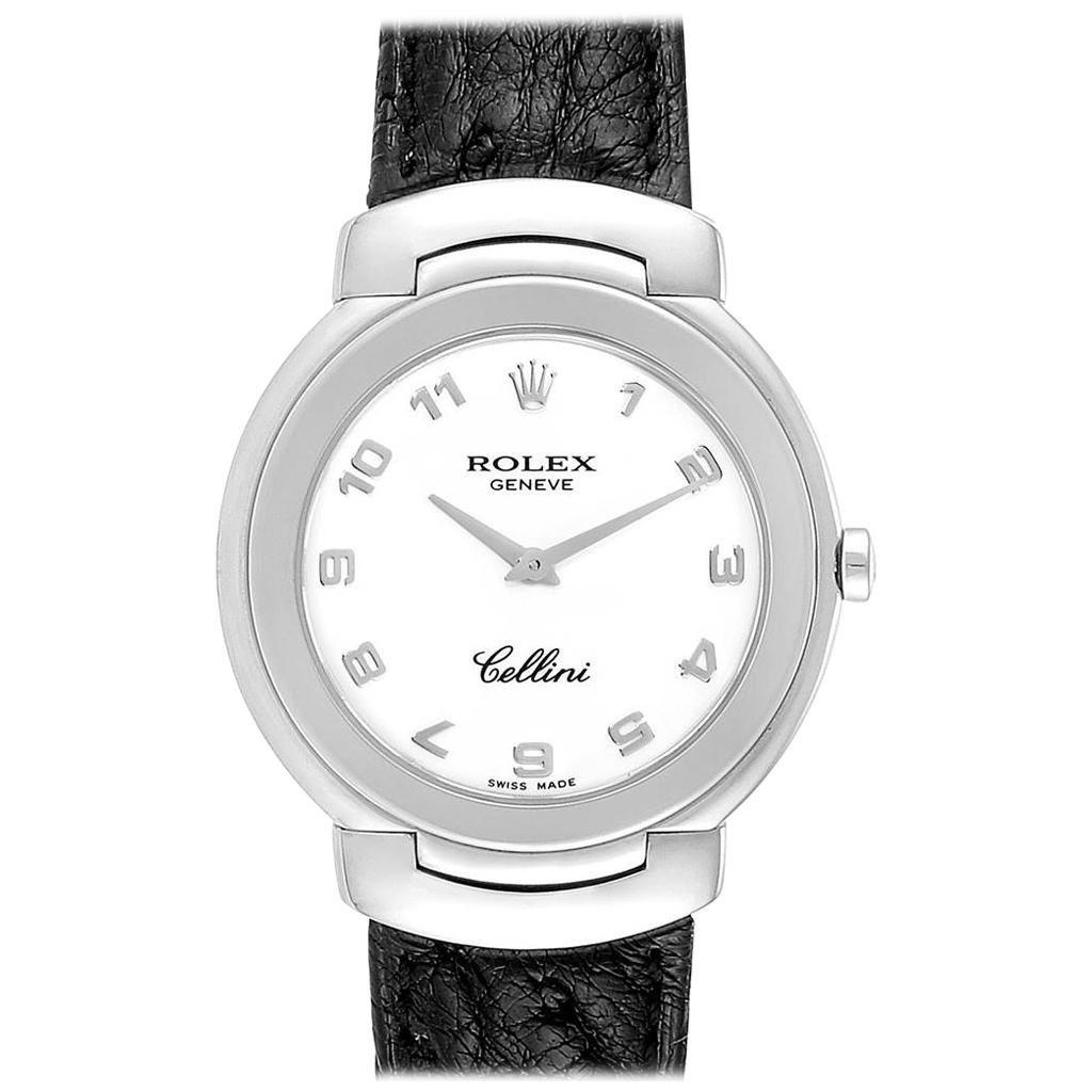 Rolex Cellini 18 Karat White Gold Black Strap Ladies Watch 6622 For Sale
