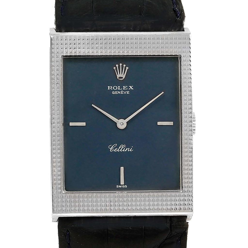 Rolex Cellini Montre homme vintage en or blanc 18 carats avec cadran bleu 4127 en vente 2