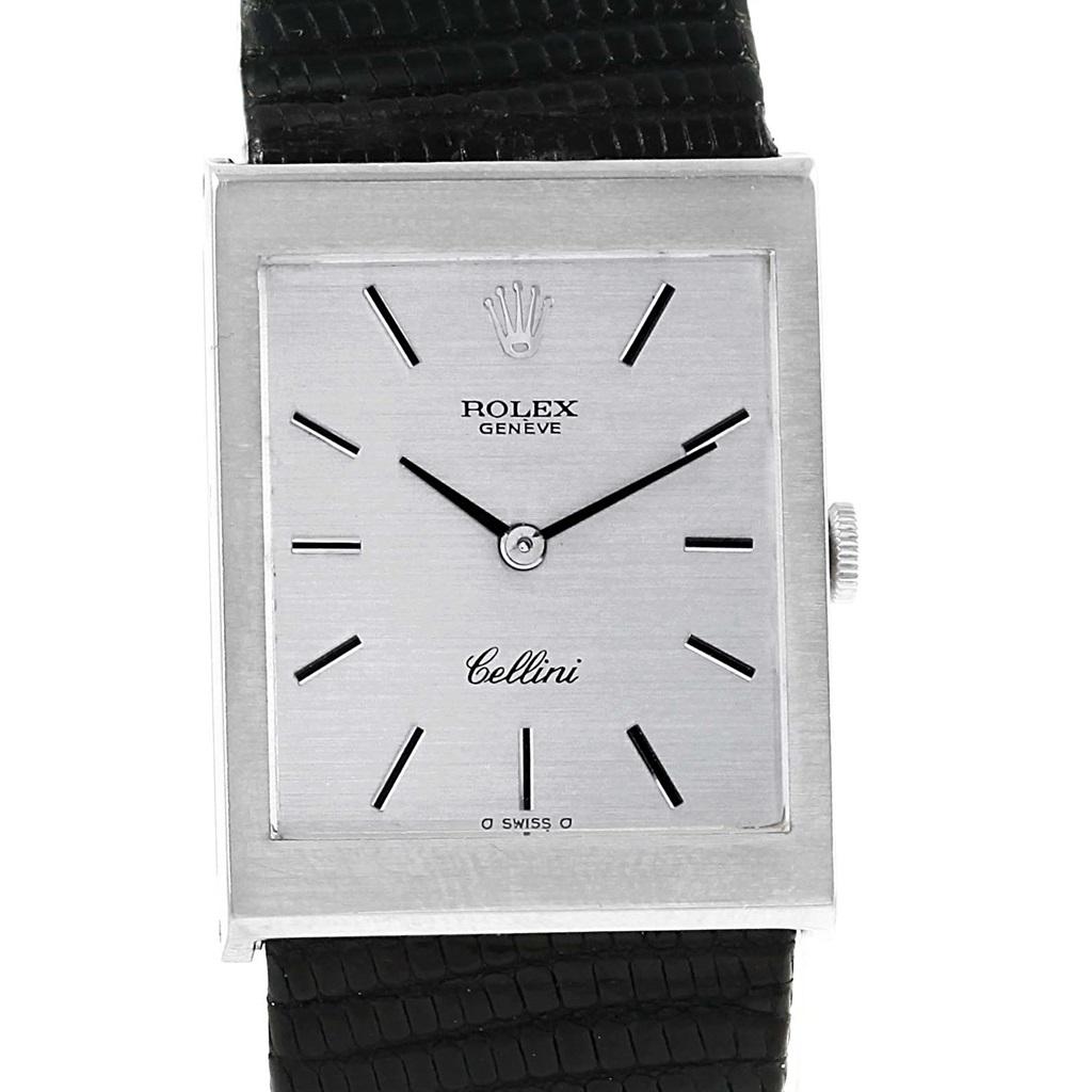 Rolex Cellini 18K White Gold Silver Dial Mens Vintage Watch 4014. Manual winding movement. Rhodium-plated, straight line lever escapement, monometallic balance, shock-absorber, self-compensating flat balance-spring. Brushed 18k white gold