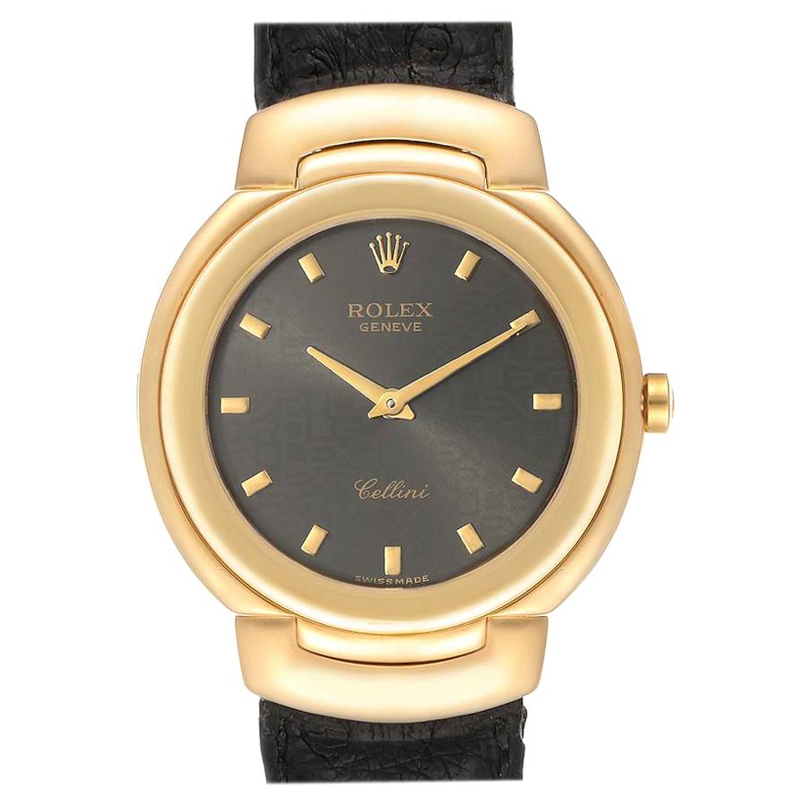 Rolex Cellini 18 Karat Gelbgold Graues Zifferblatt Schwarzes Armband Herrenuhr 6622 im Angebot