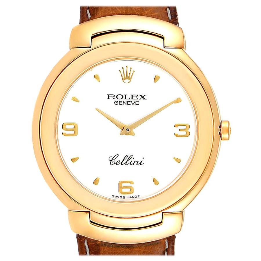 Rolex Cellini 18 Karat Yellow Gold White Dial Brown Strap Men's Watch 6623 For Sale
