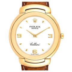 Rolex Cellini 18 Karat Yellow Gold White Dial Brown Strap Men's Watch 6623