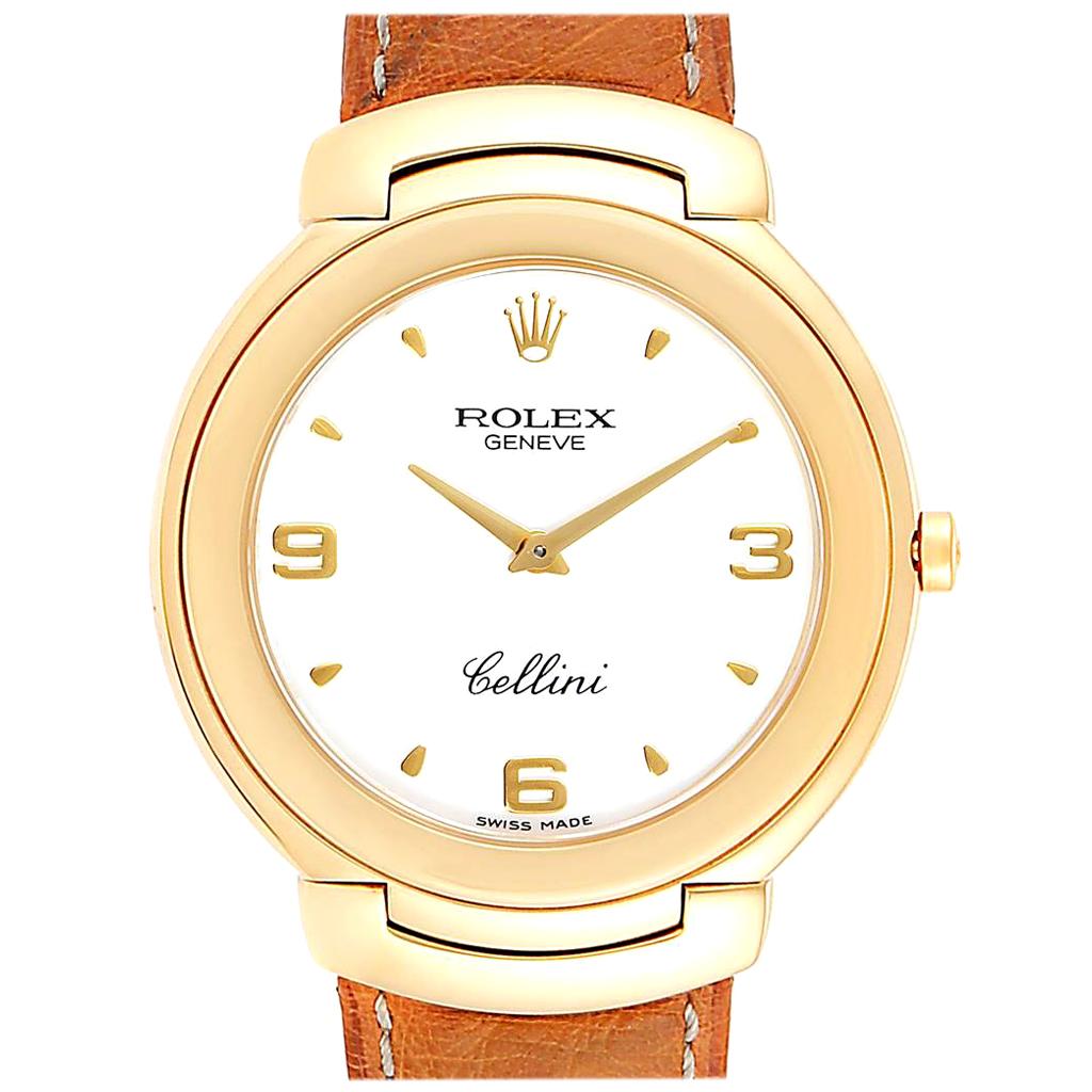 Rolex Cellini 18 Karat Yellow Gold White Dial Brown Strap Men’s Watch 6623 For Sale