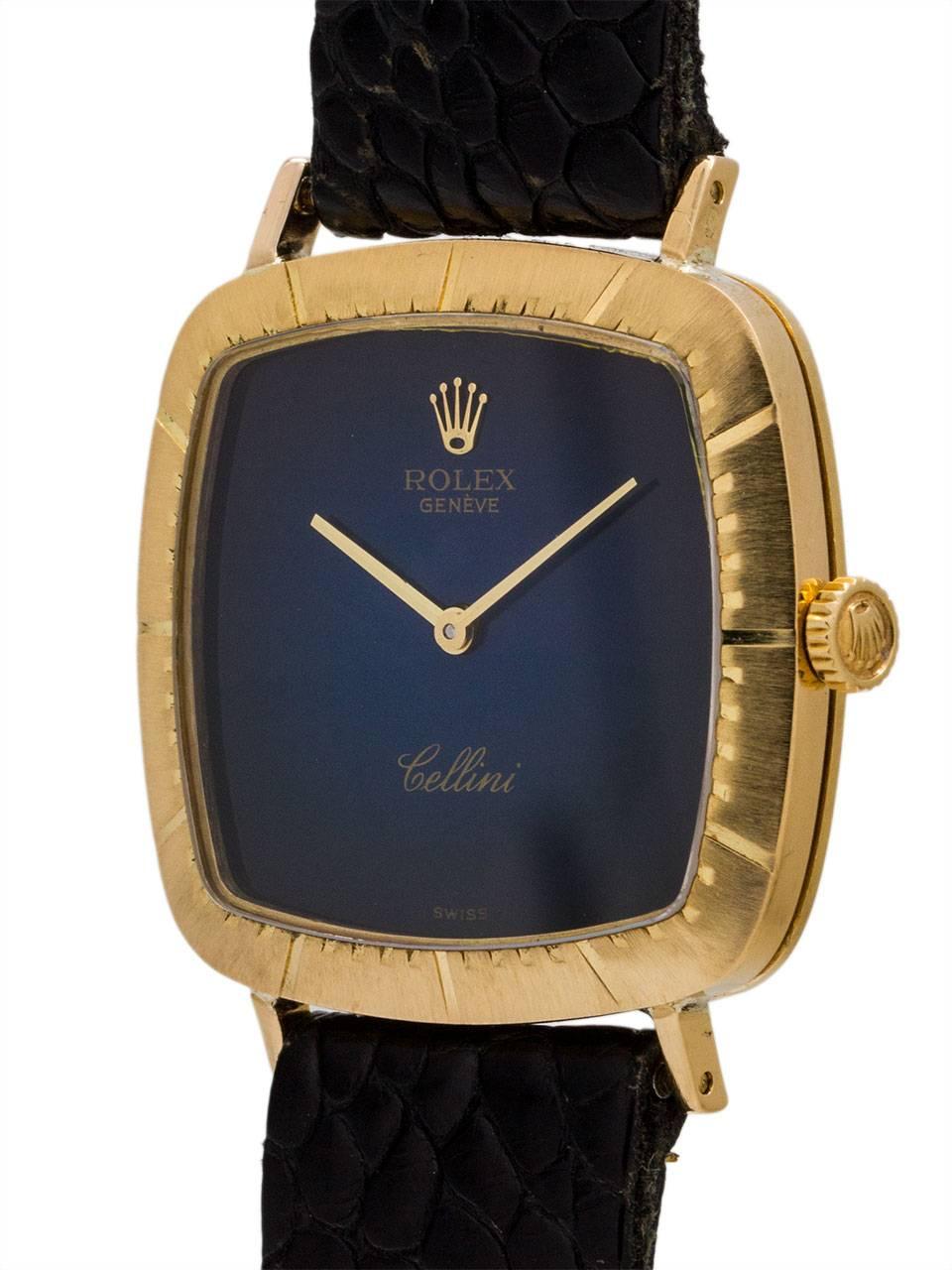 
Vintage Rolex Cellini 18K yellow gold circa 1970’s. Featuring a very interesting cushion shaped case, with engraved minute and hour markers on the bezel. This vintage model is further distinguished by the original vignette dial, fading from a deep