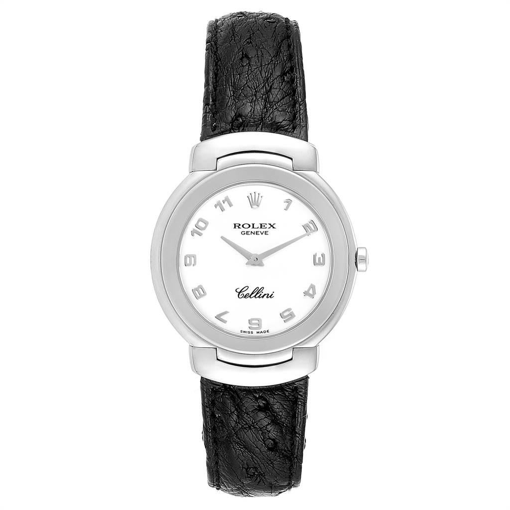 Rolex Cellini 18k White Gold Black Strap Ladies Watch 6622. Quartz movement. 18k white gold round case 33 mm. Rolex logo on a crown. Stepped bezel, hinged lugs, snap on back. Scratch resistant sapphire crystal. Off-White dial with raised gold roman
