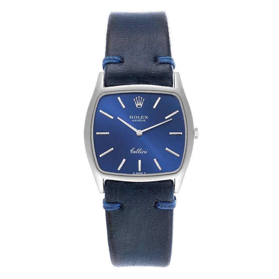 Rolex Cellini 18k White Gold Blue Strap Mens Vintage Watch 3805. Manual winding movement. 18k white gold cushion case with rounded corners 30.0 x 25.0 mm. Rolex logo on a crown. . Scratch-resistant sapphire crystal. Blue dial with baton hour markers
