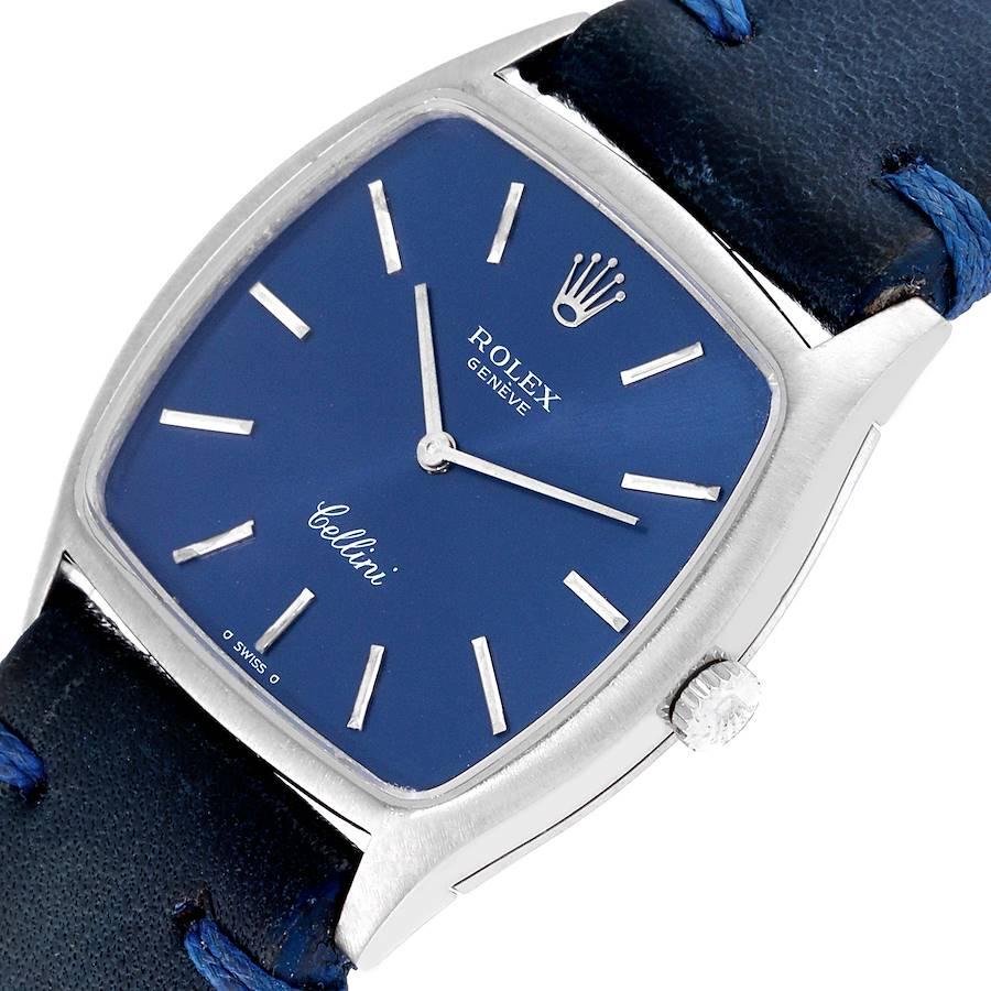 Men's Rolex Cellini 18k White Gold Blue Strap Mens Vintage Watch 3805