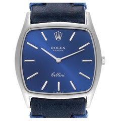 Rolex Cellini 18k White Gold Blue Strap Mens Vintage Watch 3805
