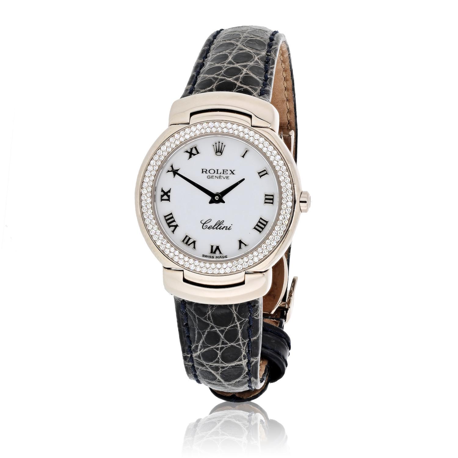 Rolex Cellini 18K White Gold Cellissima 26mm Dial Diamond Bezel 6671 Watch – a masterpiece that seamlessly fuses elegance and precision. This exquisite timepiece showcases a luxurious 18k white gold case, measuring 26.0 mm, perfectly balanced for a