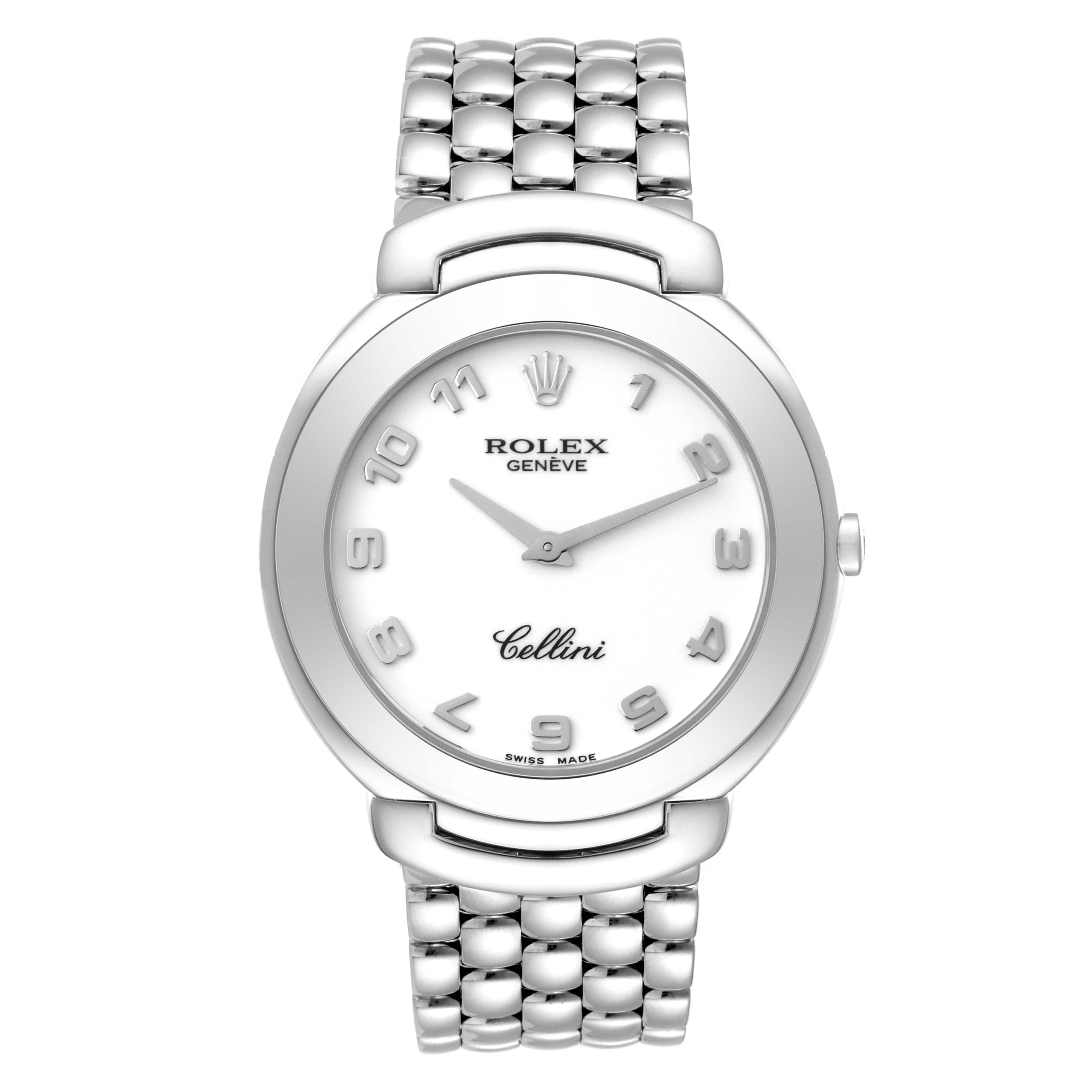 Rolex Cellini 18K White Gold Mens Watch 6623. Quartz movement. 18k white gold case 37.5mm. Rolex logo on a crown. Hooded lugs. . Scratch resistant sapphire crystal. White dial with raised white gold Arabic numerals. 18k white gold fitted polished