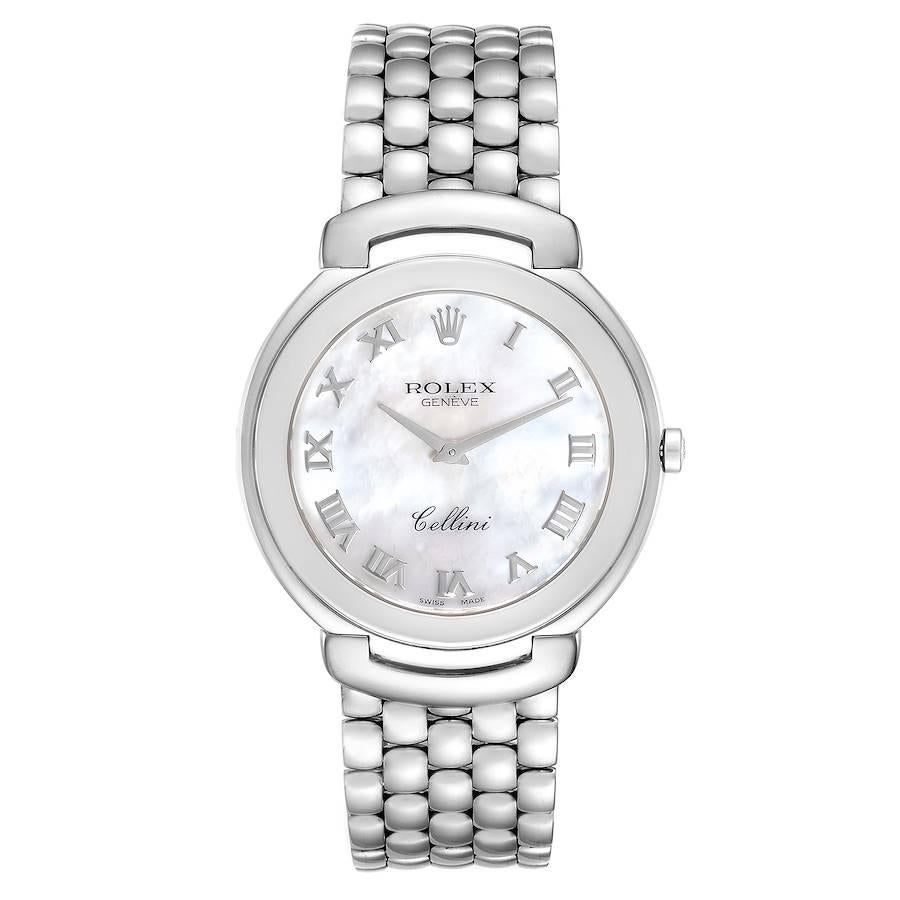 Rolex Cellini 18K White Gold Mother of Pearl Dial Mens Watch 6623. Quartz movement. 18k white gold case 37.5mm. Rolex logo on a crown. Hooded lugs. . Scratch resistant sapphire crystal. Mother of pearl dial with raised gold roman numerals. 18k white