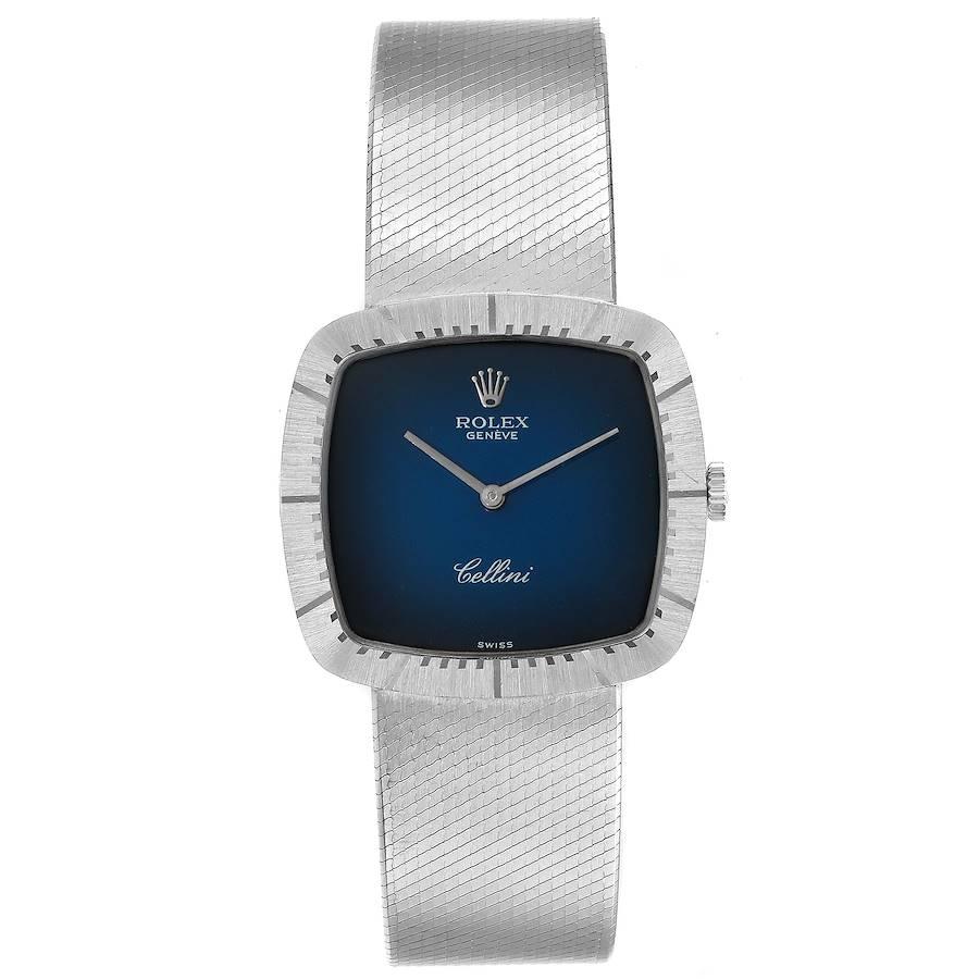 Rolex Cellini 18k White Gold Vignette Zifferblatt Mens Vintage Watch 4320. Uhrwerk mit Handaufzug. Kissengehäuse aus 18 Karat Weißgold mit abgerundeten Ecken 30,0 x 30,0 mm. Rolex Logo auf einer Krone. . Kratzfestes Saphirglas. Vignettenzifferblatt
