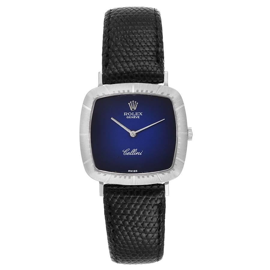 Rolex Cellini 18k White Gold Vignette Dial Mens Vintage Watch 4320. Manual winding movement. 18k white gold cushion case with rounded corners 30.0 x 30.0 mm. Rolex logo on a crown. . Scratch resistant sapphire crystal. Blue Vignette dial with white