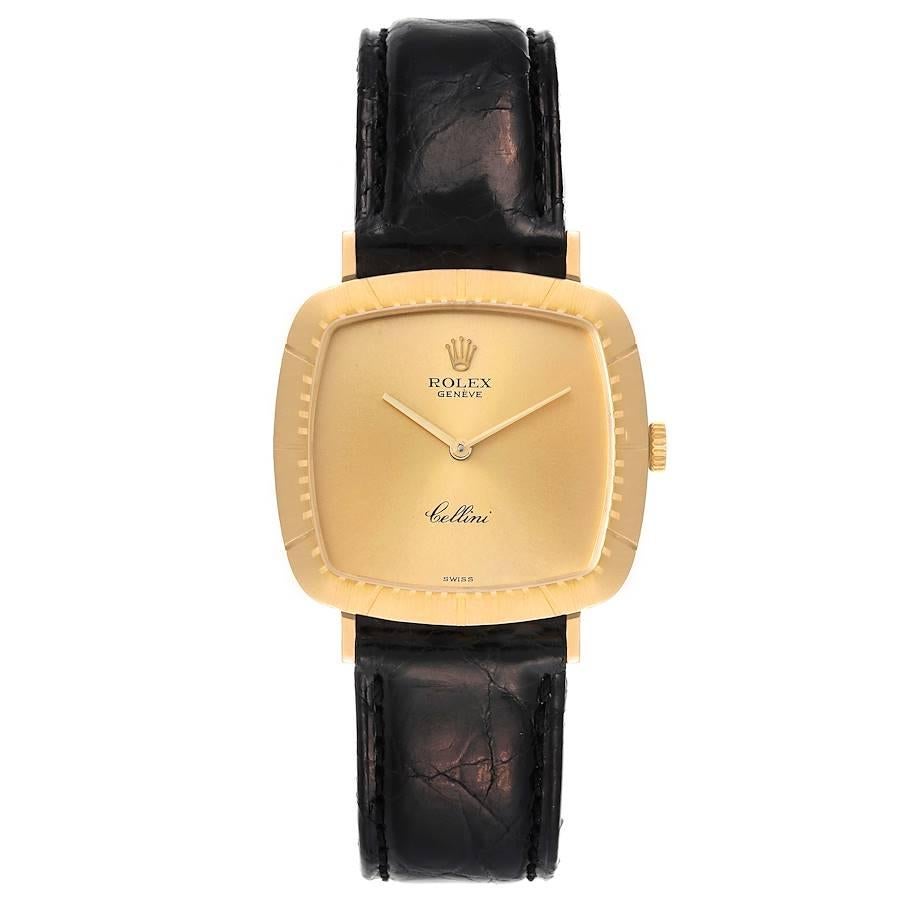 Rolex Cellini 18k Yellow Gold Black Strap Mens Vintage Watch 4048. Manual winding movement. 18k yellow gold cushion case with rounded corners 30.0 x 30.0 mm. Rolex logo on a crown. . Scratch resistant sapphire crystal. Champagne dial with yellow