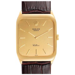 Rolex Cellini 18k Yellow Gold Brown Strap Mens Vintage Watch 4135