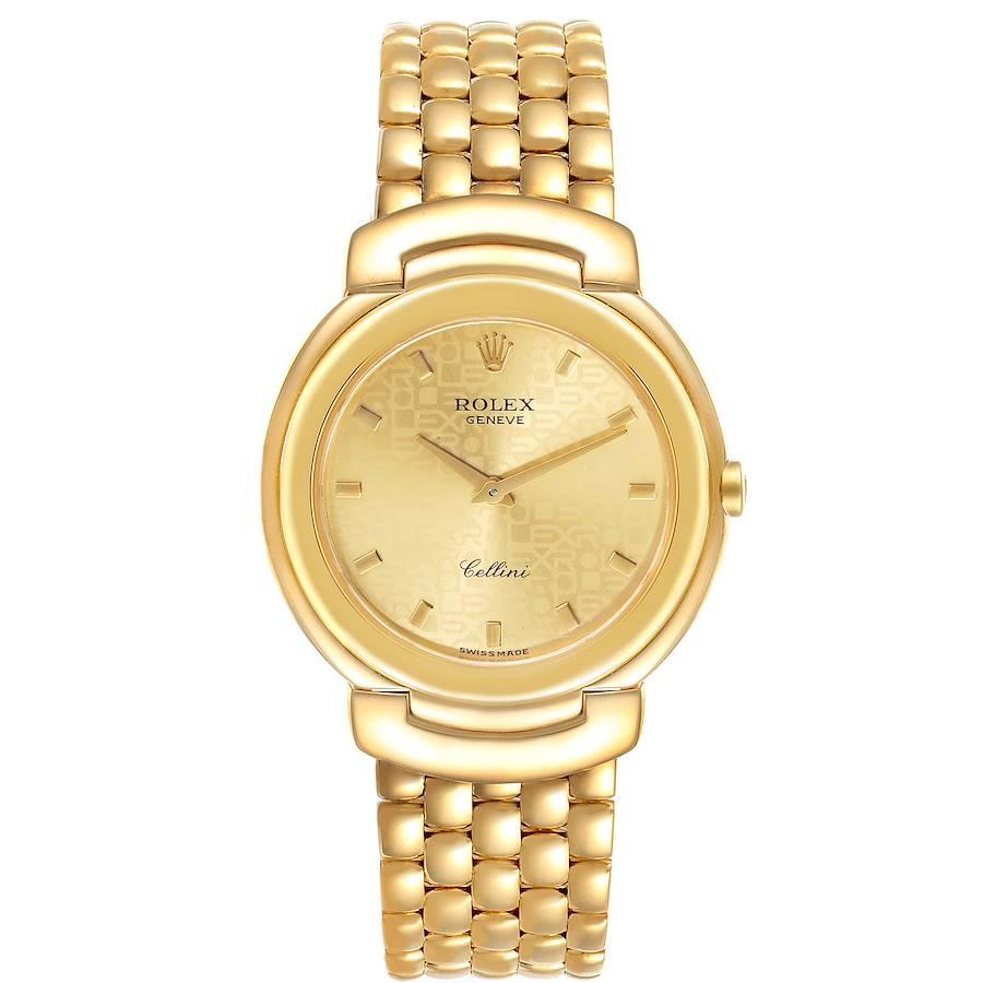 Rolex Cellini 18k Yellow Gold Champagne Anniversary Dial Mens Watch 6622. Quartz movement. 18k yellow gold case 33mm. Rolex logo on a crown. . Scratch resistant sapphire crystal. Champagne anniversary dial with raised gold hour marker. 18k yellow
