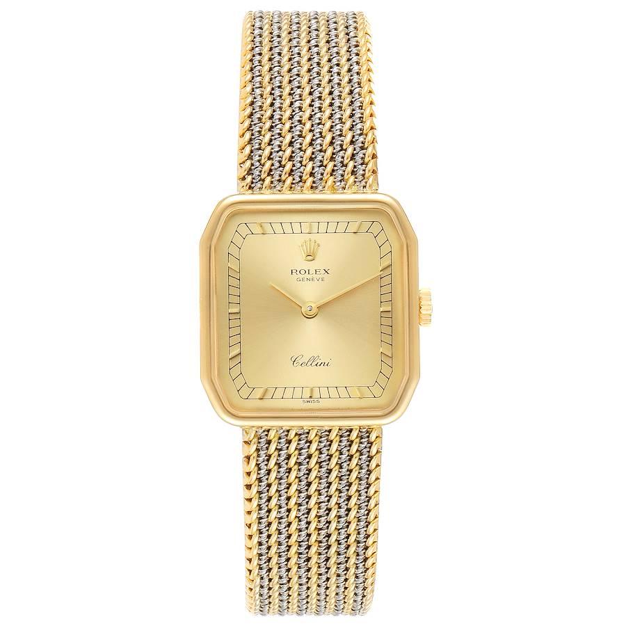 Rolex Cellini 18k Yellow Gold Champagne Dial Ladies Watch 4347. Manual winding movement. 18k yellow gold rectangular case 24.0 x 24.0 mm. Rolex logo on a crown. . Scratch-resistant sapphire crystal. Champagne dial with baton hour markers and hands.