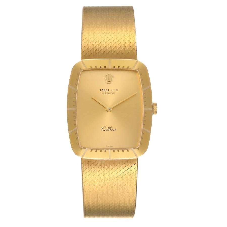 Rolex Cellini 18k Yellow Gold Champagne Dial Mens Vintage Watch 4322. Manual winding movement. 18k yellow gold cushion case with rounded corners 31.5 x 27.5 mm. Rolex logo on a crown. . Scratch resistant sapphire crystal. Champagne dial with yellow
