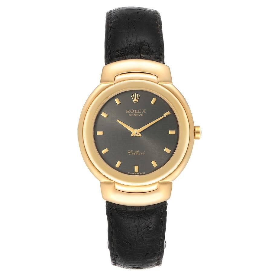 Rolex Cellini 18k Yellow Gold Grey Dial Black Strap Mens Watch 6622. Quartz movement. 18k yellow gold case 33mm. Rolex logo on a crown. . Scratch resistant sapphire crystal. Gray anniversary dial with raised gold hour marker. Black leather strap