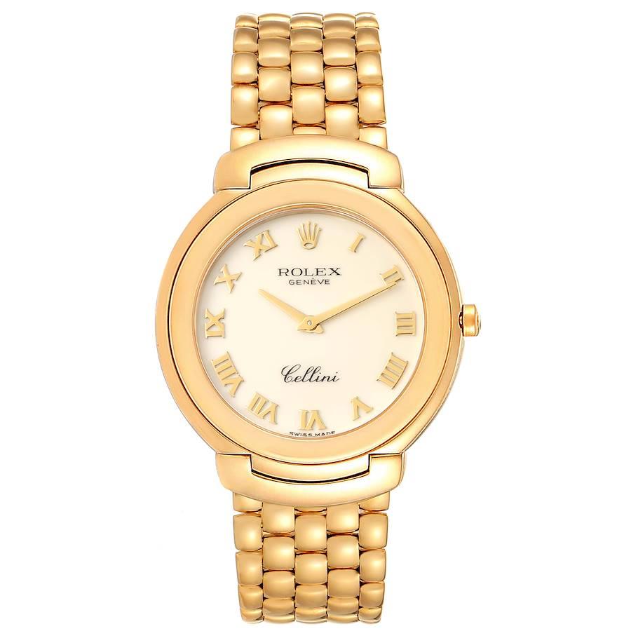 Rolex Cellini 18k Yellow Gold Ivory Roman Dial Mens Watch 6623. Quartz movement. 18k yellow gold case 37.5mm. Rolex logo on a crown. Hooded lugs. . Scratch resistant sapphire crystal. Ivory cream dial with raised gold roman numerals. 18k yellow gold