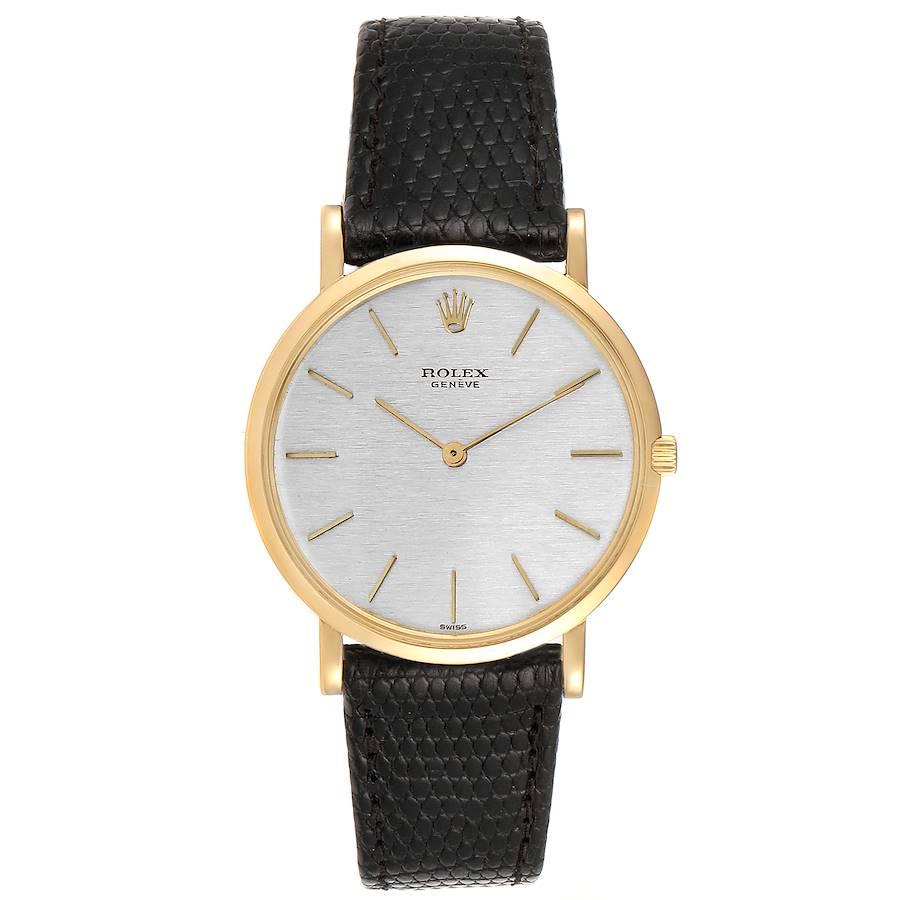 Rolex Cellini 18k Yellow Gold Silver Dial Vintage Mens Watch 9576. Manual winding movement. 18k yellow gold case 33 mm in diameter. . Acrylic crystal. Silver dial with raised gold baton hour markers. Black lizard leather strap with Rolex 18k yellow