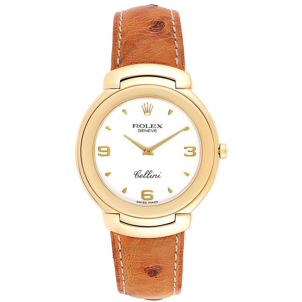 Rolex Cellini 18k Yellow Gold White Dial Brown Strap Mens Watch 6623. Quartz movement. 18k yellow gold case 37.5mm. Rolex logo on a crown. Scratch resistant sapphire crystal. White dial with raised gold hour marker and arabic numerals. Brown ostrich