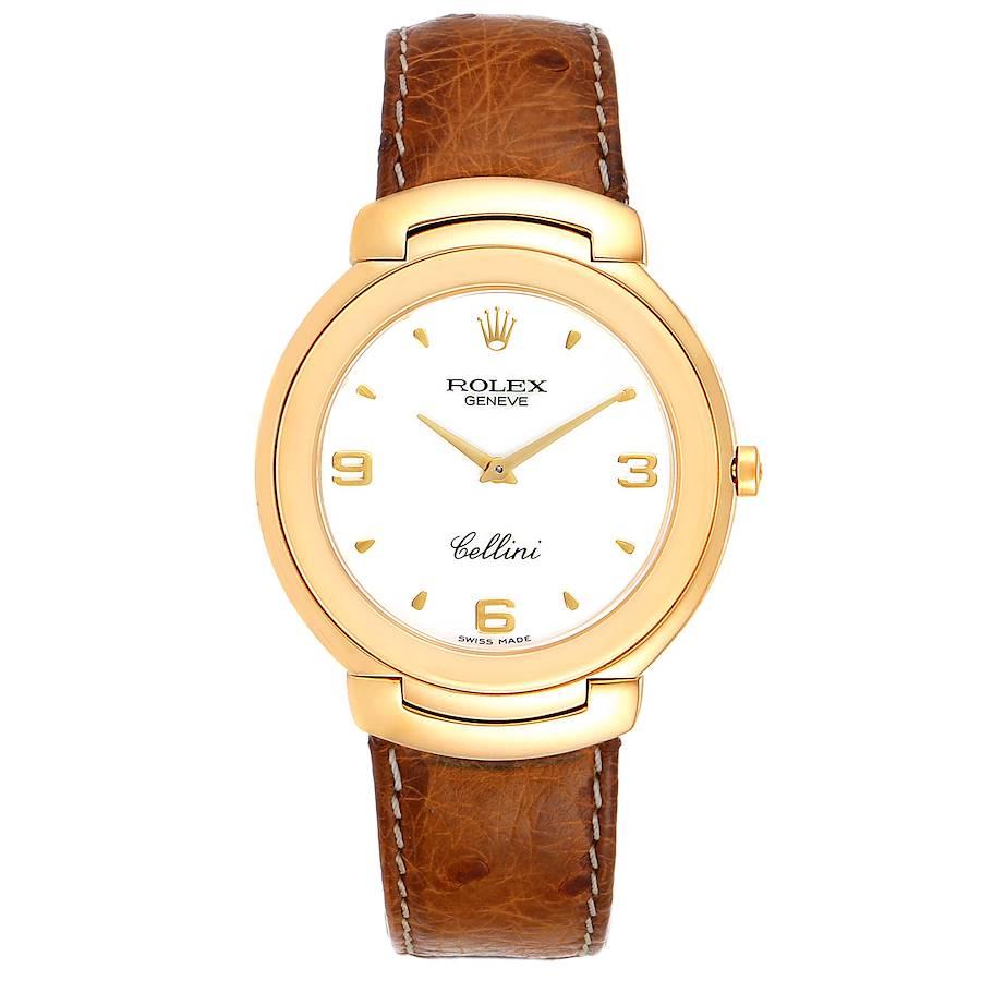 Rolex Cellini 18k Yellow Gold White Dial Brown Strap Mens Watch 6623. Quartz movement. 18k yellow gold case 37.5mm. Rolex logo on a crown. . Scratch resistant sapphire crystal. White dial with raised gold hour marker and arabic numerals. Brown