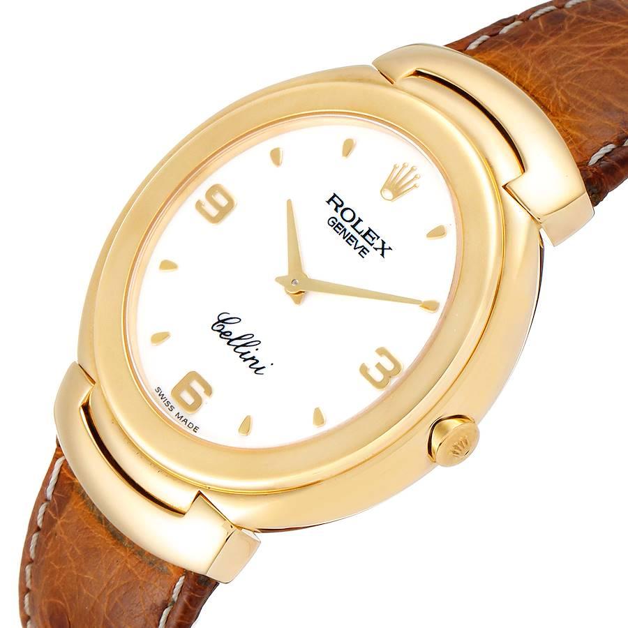 Rolex Cellini 18 Karat Yellow Gold White Dial Brown Strap Men's Watch 6623 For Sale 2