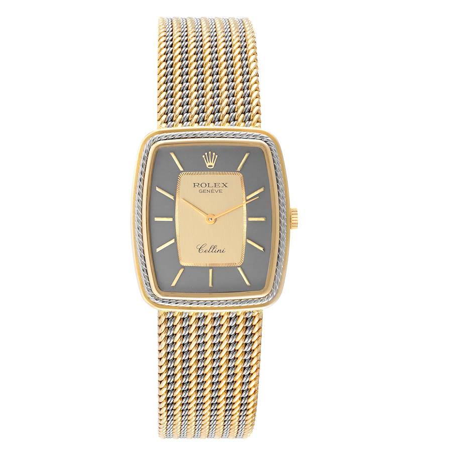 Rolex Cellini 18k Yellow White Gold Champagne Dial Unisex Watch 4340. Manual winding movement. 18k yellow gold rectangular case 31.5 x 27.5 mm. Rolex logo on a crown. 18k white gold textured bezel. Scratch-resistant sapphire crystal. Two tone